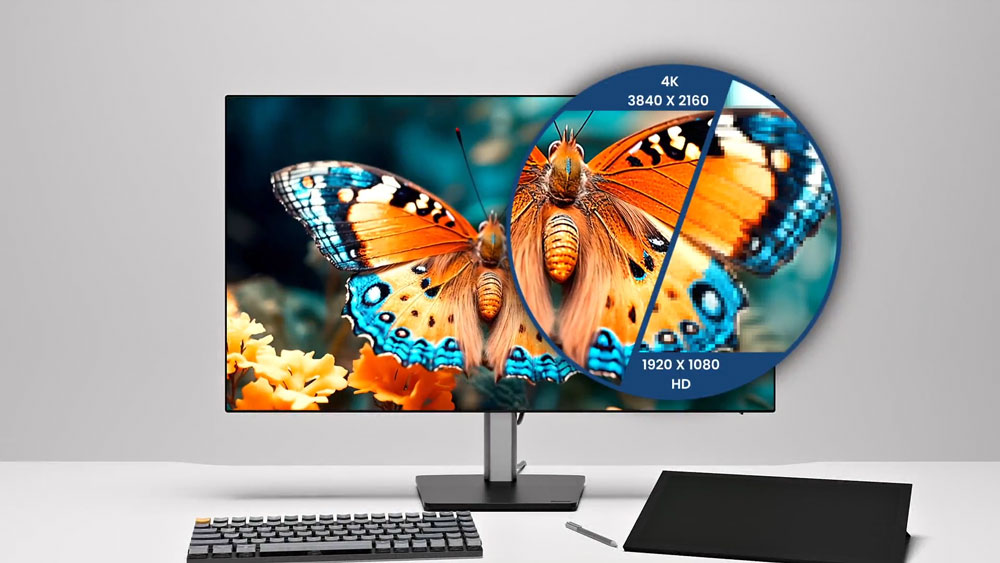 iiyama monitor on a desk showing a picture of a butterfly with a zoom in comparing 1080p and 4k resolution