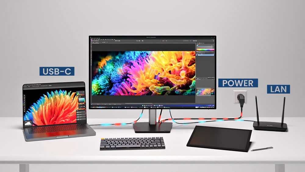 diagram showing how the iiyama monitor works with a built-in usb-c dock