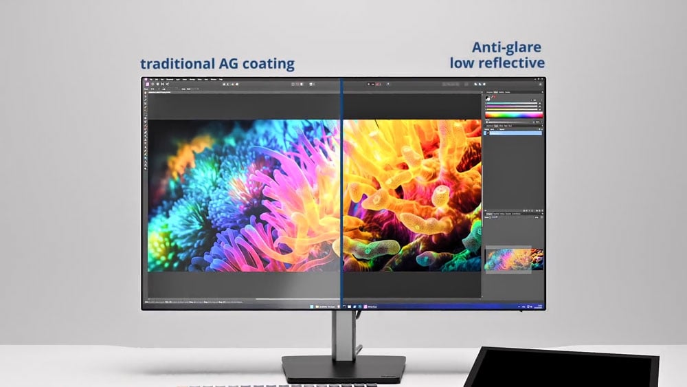 iiyama monitor on a desk showing an image of a coral reef being edited comparing the anti-glare low reflective coating compared to traditional anti-glare