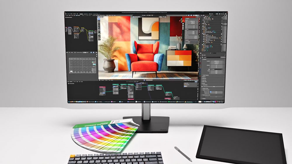 iiyama monitor on a desk with a graphics tablet and pantone colour chart