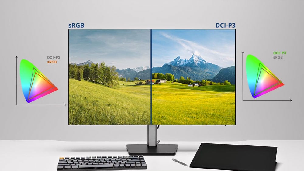 iiyama monitor on a desk showing an image of a field that compares sRGB aand DCI-P3