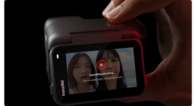 Image of insta360 ace pro camera with shooting cancellation on screen with person pressing record button