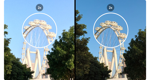 comparson image of insta360 clarity zoom with image of large white ferris wheel with trees in foreground