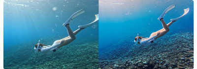 comparison image of woman swimming underwater in the ocean wearing white swimsuit and flippers