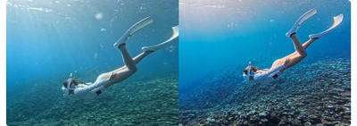 comparison image of woman swimming underwater in the ocean wearing white swimsuit and flippers