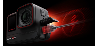 Graphic illustration of insta360 ace pro camera charging via usb C with red fast charging symbol in the background