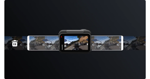 Illustration of insta360 ace pro  camera with extended loop recording footage on both sides on a black background