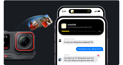graphic illustration showing footage from insta360 ace pro being downloaded in background onto apple iphone with imessage open