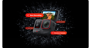 Graphic of insta360 ace pro camera surrounded by voice control commands in red text boxes
