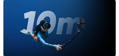 image of femal diver holding insta360 ace pro camera on a selfie stick under water with 10m text overlayed behined her