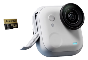 Insta360 GO ultra camera with memory card door open and micro SD card