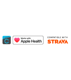 Garming device, Works with Apple Health and Strava logos