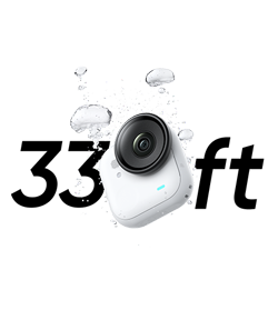 Insta360 GO Ultra covered in water spray with 33ft text behind