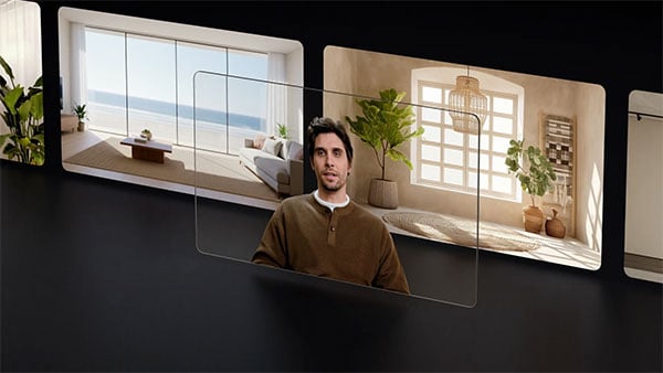 the background being replaced behind a man using the insta360 link 2 pro