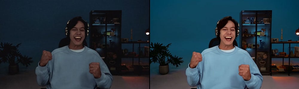 side by side comparison between a normal webcam and the insta360 link 2 pro of a streamer in low light blue room