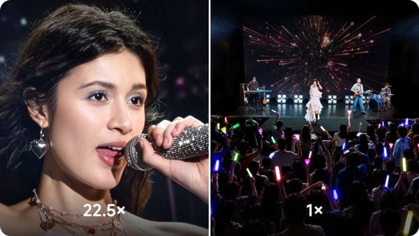 Side-by-side zoom comparison showing a 1x wide shot of a concert crowd and a 22.5x close-up of the singer.