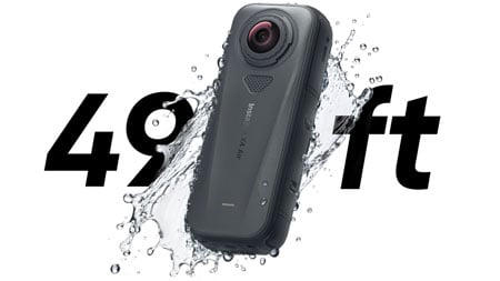 insta 360 camera with water splash behind it