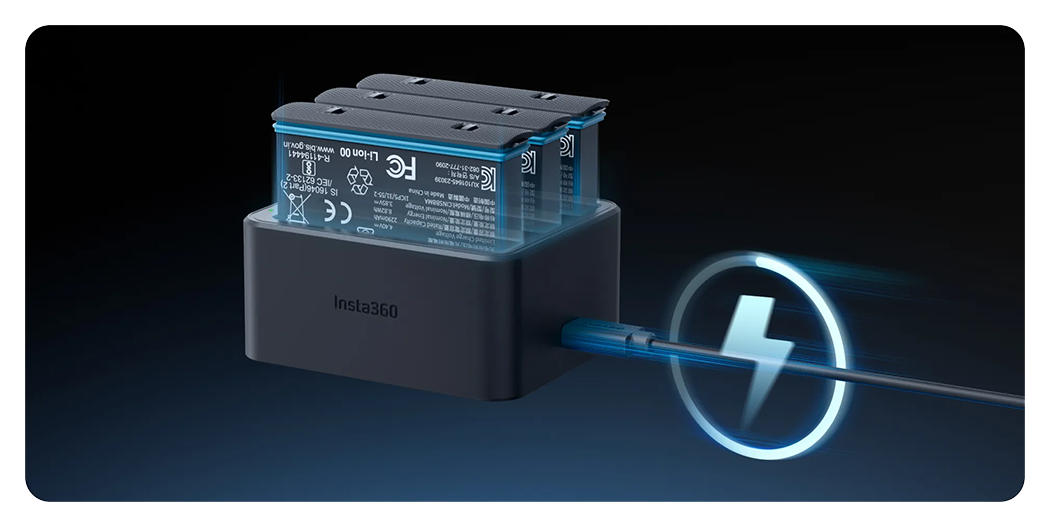 insta360 battery in the fast charging hub with usb c cable connected