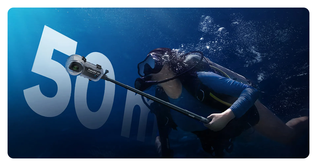 diver using the insta360 dive case with 50m in text behind them