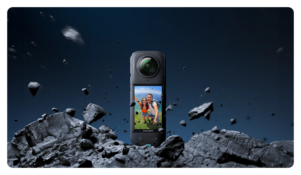 glass screen protector applied to the insta360 x4 surrounded by stones