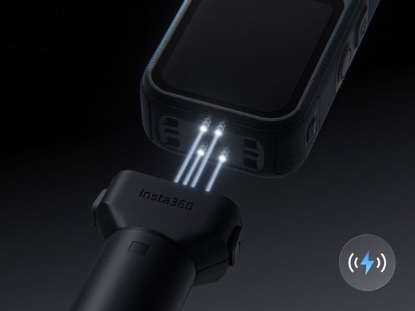  Insta360 Power Selfie Stick connecting magnetically to the bottom of the x6 camera