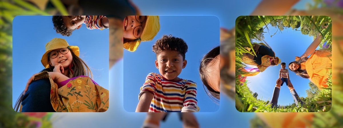 Low-angle shots of smiling children looking down into the lens against a bright blue sky