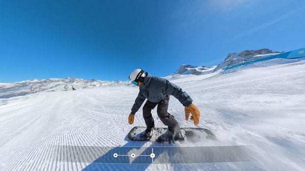 image of a snowboarder taken using the insta360 x6 being reframed