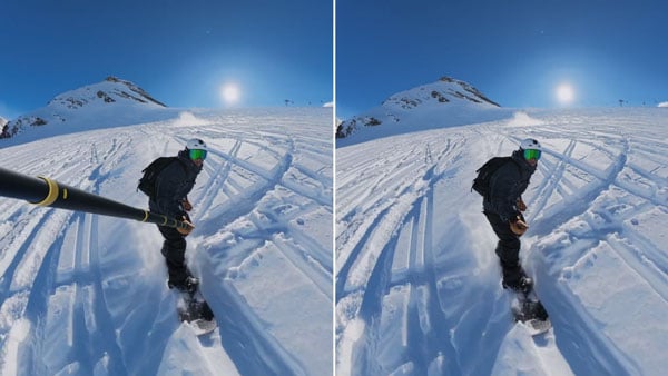comparison image with a snowboarder using the insta360 invisible selfie stick