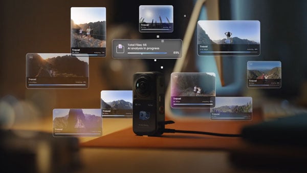 ai editing windows surrounding the insta360 x6 on a desk