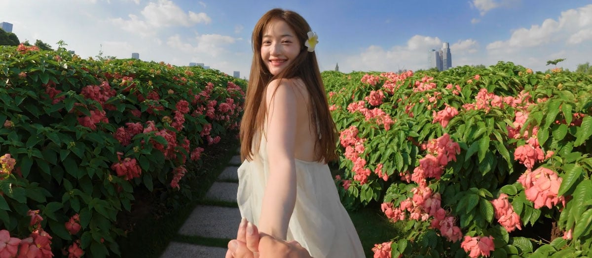 a woman holding someones hand through a field of pink paper fan flowers