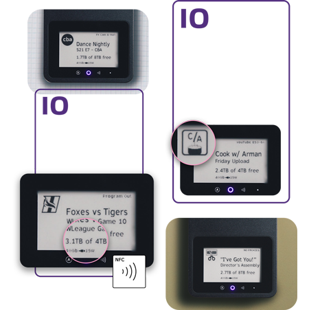 purple outline of the iodyne pro mini with images highlighting the e-paper display