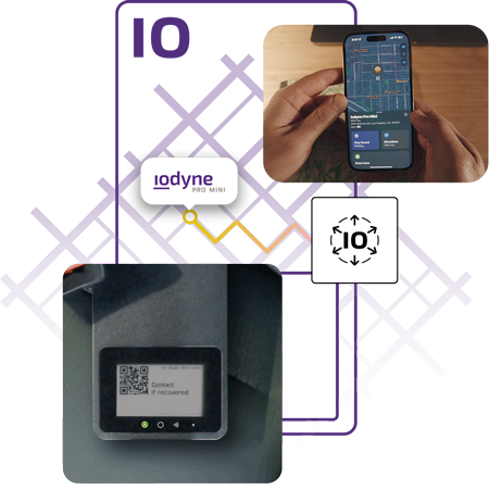 purple outline of the iodyne pro mini with images showing the drives location being tracked