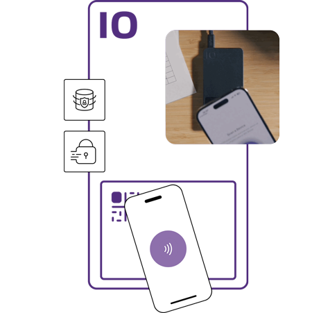 purple outline of the iodyne pro mini with a image showing the drive being unlocked using a smartphone