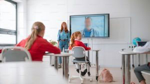 school classroom being used for remote teaching
