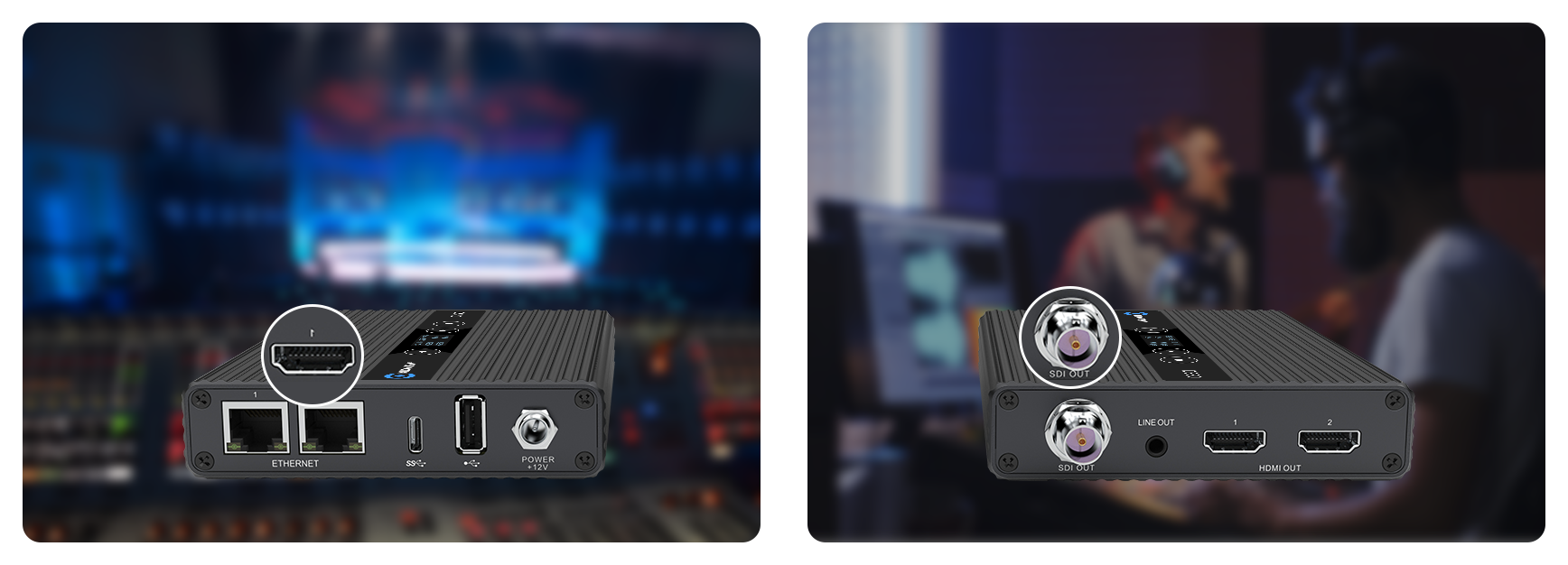front and back views of the kiloview SDI/HDMI Video Decoder highlighting hdmi and sdi ports