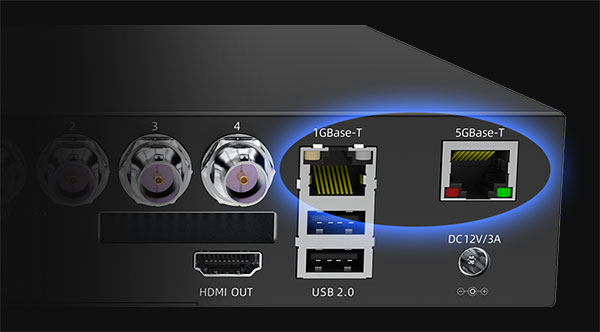 close up of the network ports on the kiloview media hubs ports