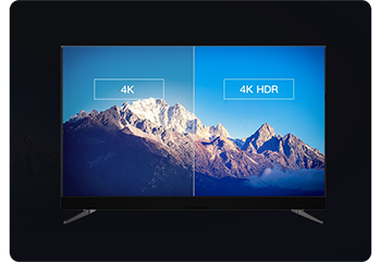 TV showing split screen image of mountains with 4K HDR footage in dark room