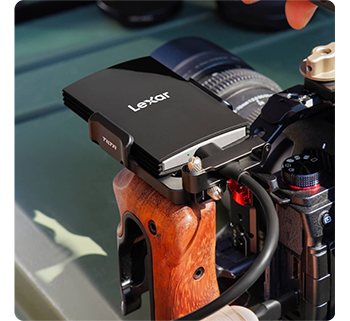 Lexar Armor 700 SSD connected to camera rig for filmmaking