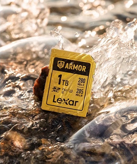 lexar armor gold sd card near water