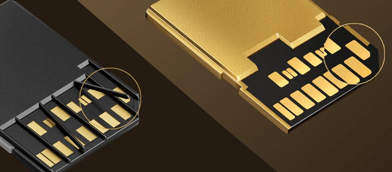 lexar armor gold sd card ribless deesign compared with a normal sd card