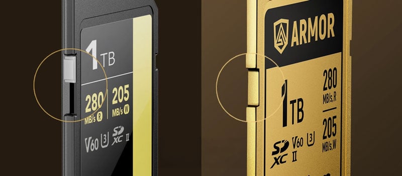 close up comparing the write-proteection switch on a normal sd card to the lexar armor gold sd card design