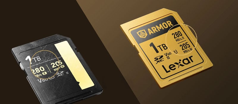 lexar armor gold sd card laser engraved design compared to a scratched normal sd card