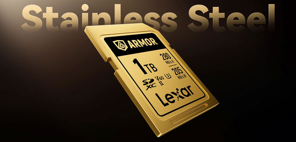angled view of the stainless steel lexar armor gold uhs ii sd card