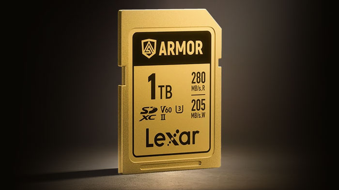 side angled view of the lexar armor gold sd card