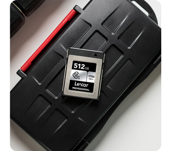 Photograph of Lexar Professional Silver Series CFexpress type B memory card sitting on top of hard plastic carry case