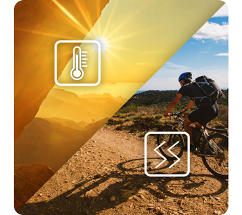 image of blazing sun and man riding bike through desert with thermometer and lightning bolt icons
