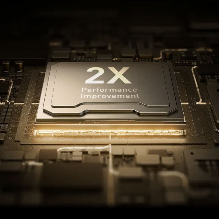 close up render of a computer chip with the words 2x faster on it