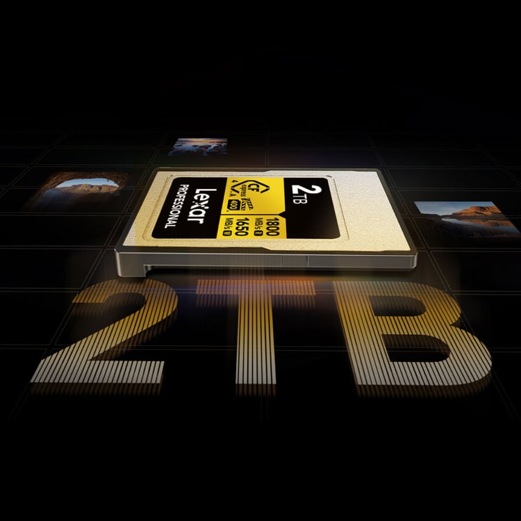 angled view of the cfexpress card with 2TB wrote underneath