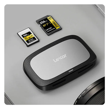cfexpress card reader on a table with a cfexpreess type a and sd card