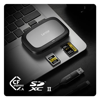 cfexpress card reader on a laptop with a cfexpress type a card and sd card